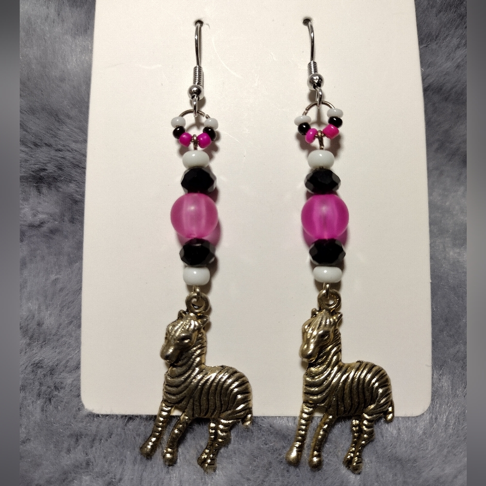 Handmade dangle earrings, zebra charms, beaded, 3.5 inches